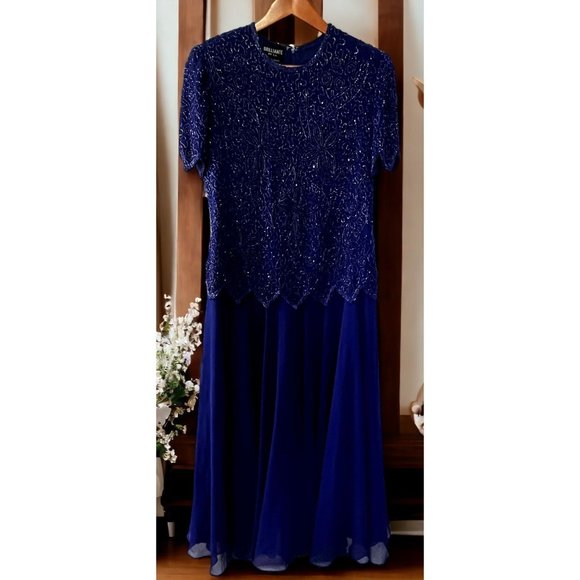 Brilliante by J.A. Blue Sequined Formal Dress Vintage Size Large Evening Wear - Picture 1 of 10